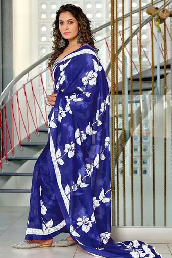 Hand block printed cotton mul saree with blouse