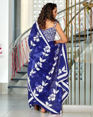 Hand block printed cotton mul saree with blouse 4