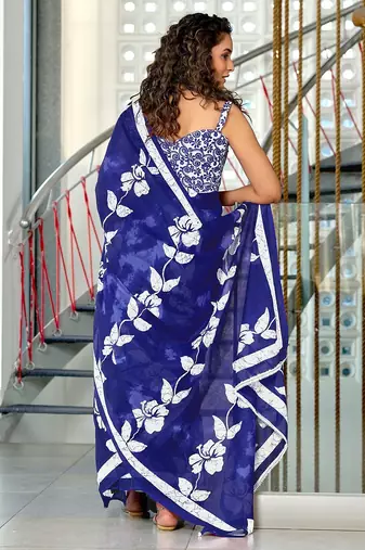 Hand block printed cotton mul saree with blouse