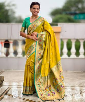Mustard yelloColor Meenakari weawing  border Pethani silk saree 1