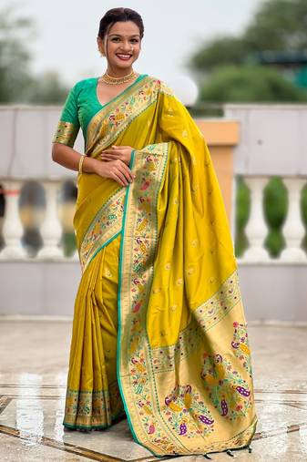 Mustard yelloColor Meenakari weawing  border Pethani silk saree
