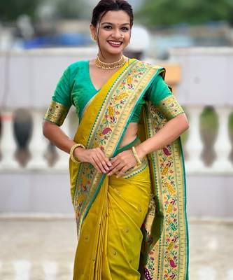 Mustard yelloColor Meenakari weawing  border Pethani silk saree 2