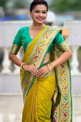 Mustard yelloColor Meenakari weawing  border Pethani silk saree