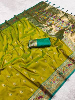 Mustard yelloColor Meenakari weawing  border Pethani silk saree 3