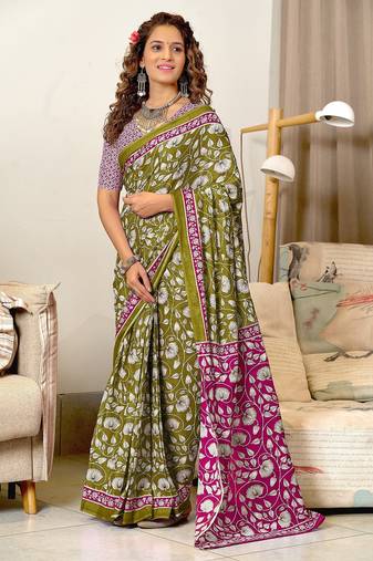 Ajrakh fancy hand block mulmul cotton sarees