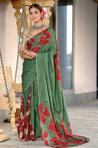 Hand block printed cotton mul saree with blouse
