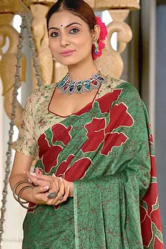 Hand block printed cotton mul saree with blouse