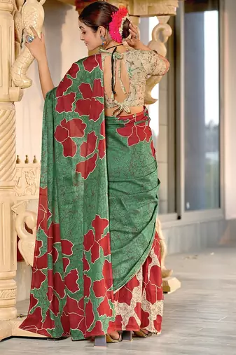 Hand block printed cotton mul saree with blouse