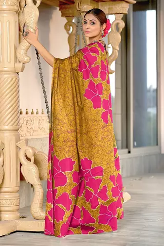 Hand block printed cotton mul saree with blouse