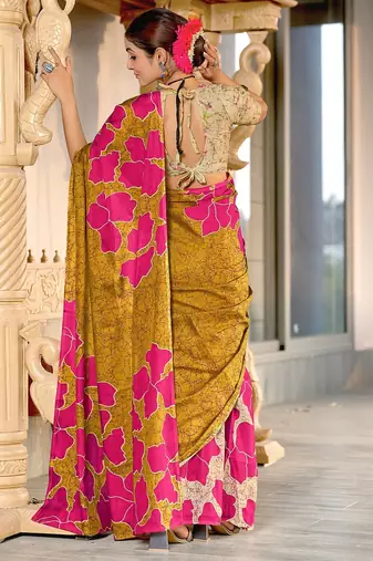 Hand block printed cotton mul saree with blouse