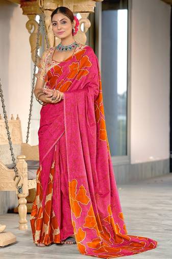 Hand block printed cotton mul saree with blouse