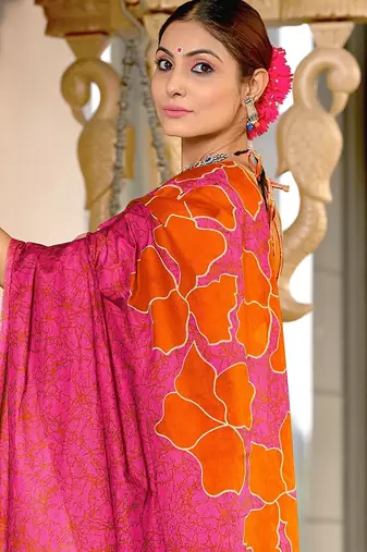 Hand block printed cotton mul saree with blouse