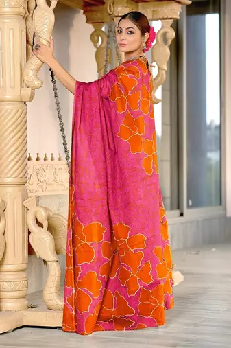 Hand block printed cotton mul saree with blouse