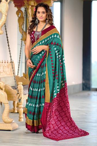 Hand block printed cotton mul saree with blouse