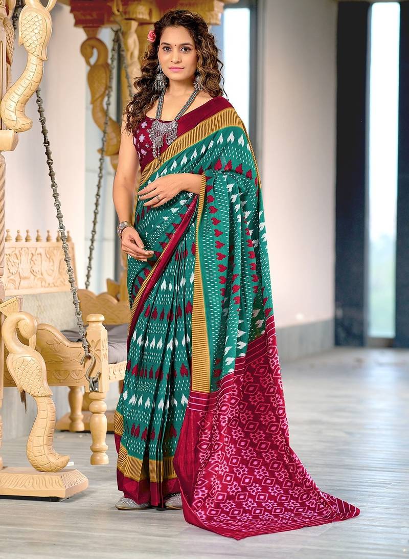 Hand block printed cotton mul saree with blouse