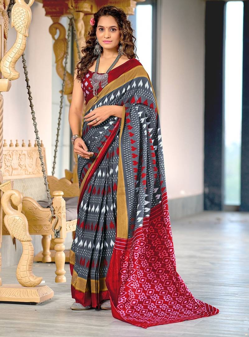 Hand block printed cotton mul saree with blouse