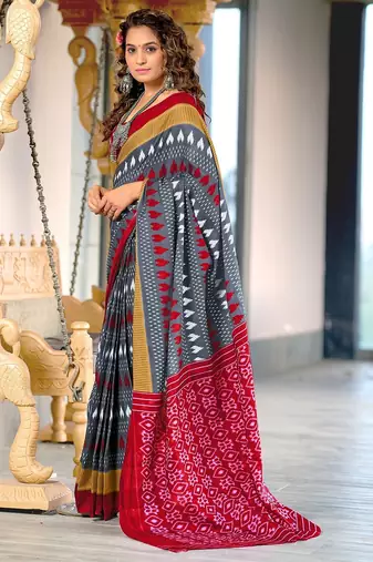 Hand block printed cotton mul saree with blouse