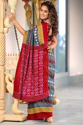 Hand block printed cotton mul saree with blouse
