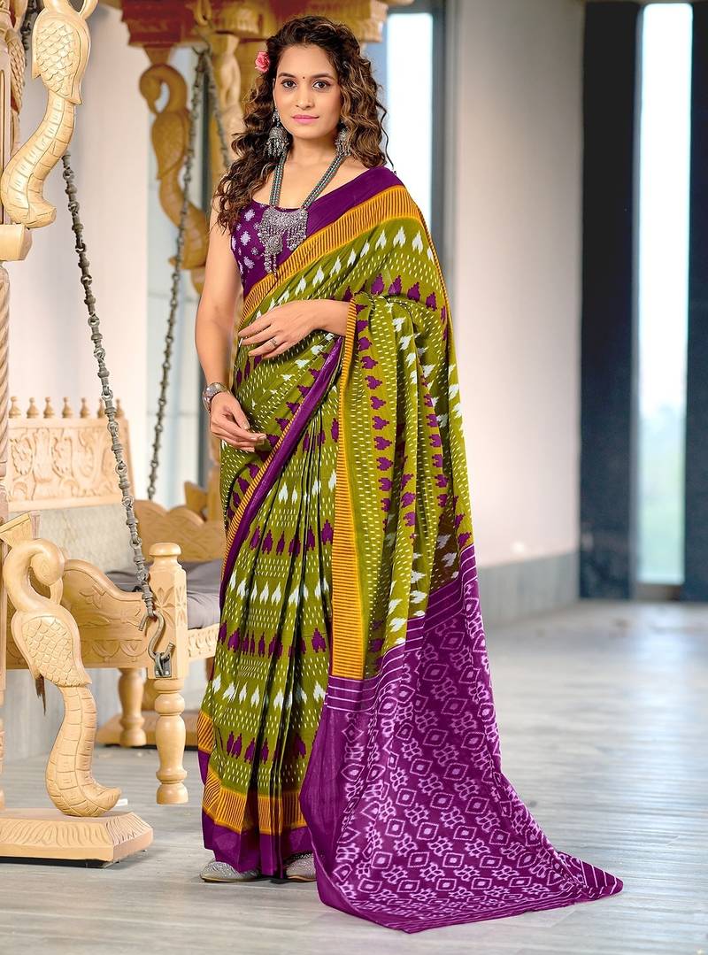 Hand block printed cotton mul saree with blouse