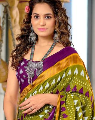 Hand block printed cotton mul saree with blouse 2