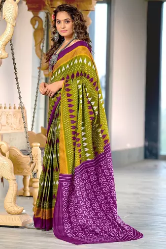 Hand block printed cotton mul saree with blouse