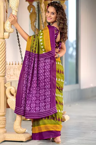 Hand block printed cotton mul saree with blouse