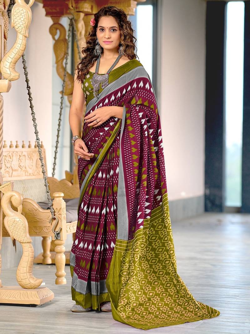 Hand block printed cotton mul saree with blouse