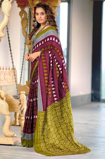 Hand block printed cotton mul saree with blouse