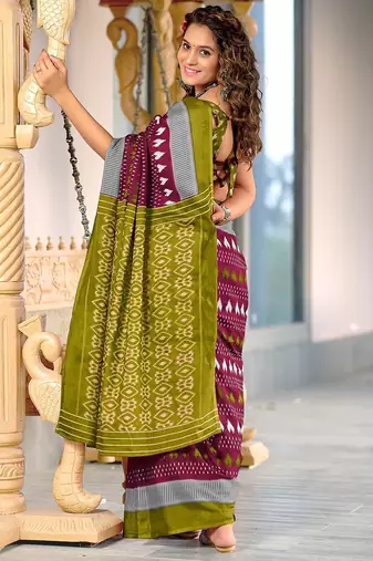Hand block printed cotton mul saree with blouse