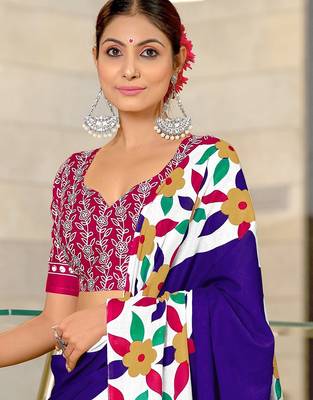 Hand block printed cotton mul saree with blouse 2