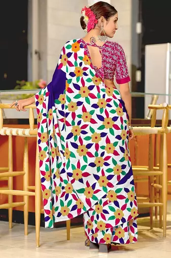Hand block printed cotton mul saree with blouse