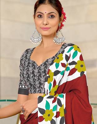 Hand block printed cotton mul saree with blouse 2