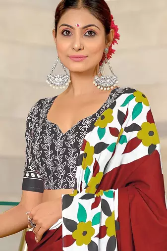 Hand block printed cotton mul saree with blouse