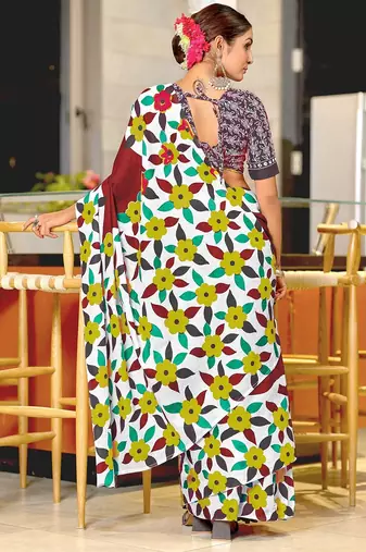 Hand block printed cotton mul saree with blouse
