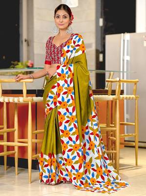 Hand block printed cotton mul saree with blouse 1