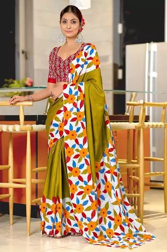 Hand block printed cotton mul saree with blouse