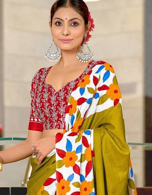Hand block printed cotton mul saree with blouse 2