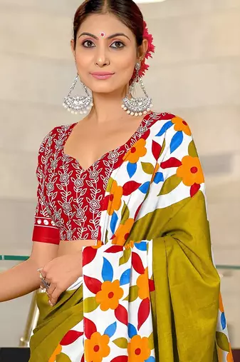 Hand block printed cotton mul saree with blouse
