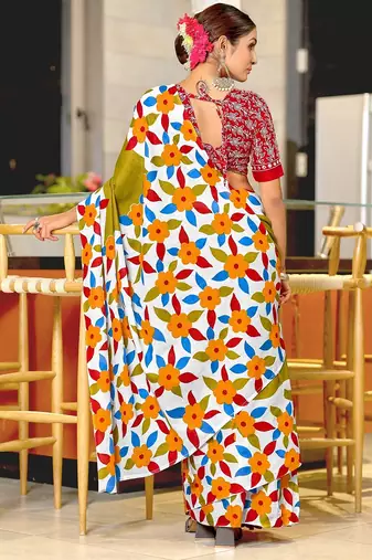 Hand block printed cotton mul saree with blouse