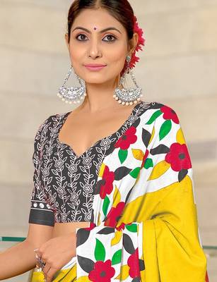 Hand block printed cotton mul saree with blouse 2