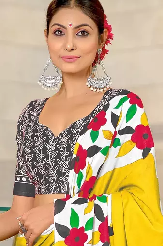 Hand block printed cotton mul saree with blouse