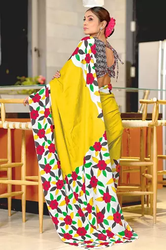 Hand block printed cotton mul saree with blouse