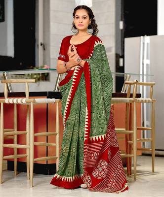 Hand block printed cotton mul saree with blouse 1