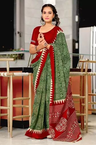 Hand block printed cotton mul saree with blouse