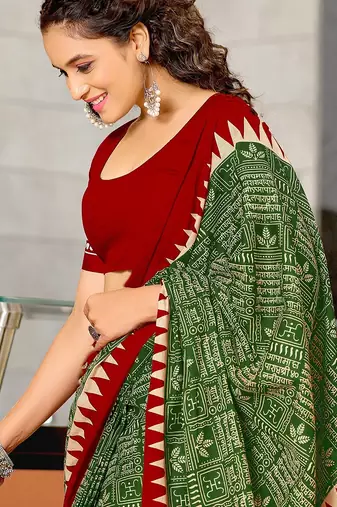 Hand block printed cotton mul saree with blouse