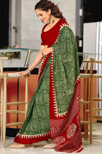 Hand block printed cotton mul saree with blouse