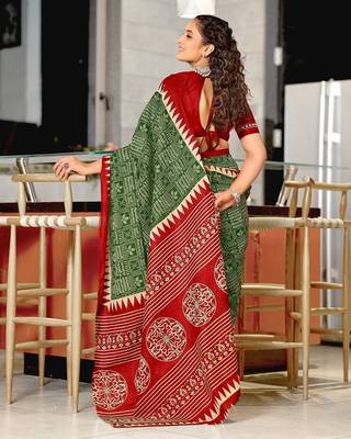 Hand block printed cotton mul saree with blouse 4