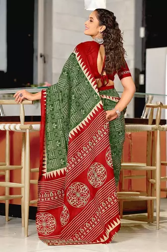 Hand block printed cotton mul saree with blouse