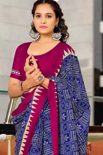 Hand block printed cotton mul saree with blouse