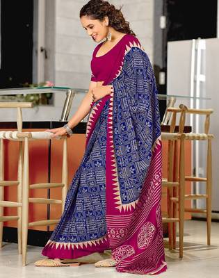 Hand block printed cotton mul saree with blouse 3